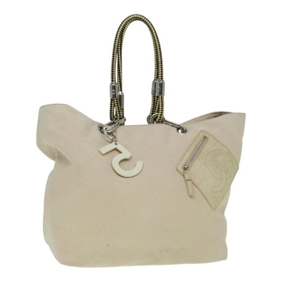CHANEL COCO Mark Tote Bag Canvas Beige Silver CC Auth - Picture 1 of 16